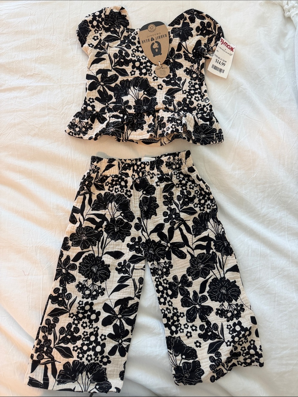 Girls Floral Two-Piece Pajama Set - Black on Cream
